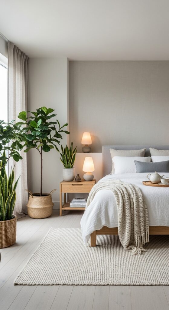 Serene spa-like bedroom with neutral palette, natural materials, and peaceful atmosphere