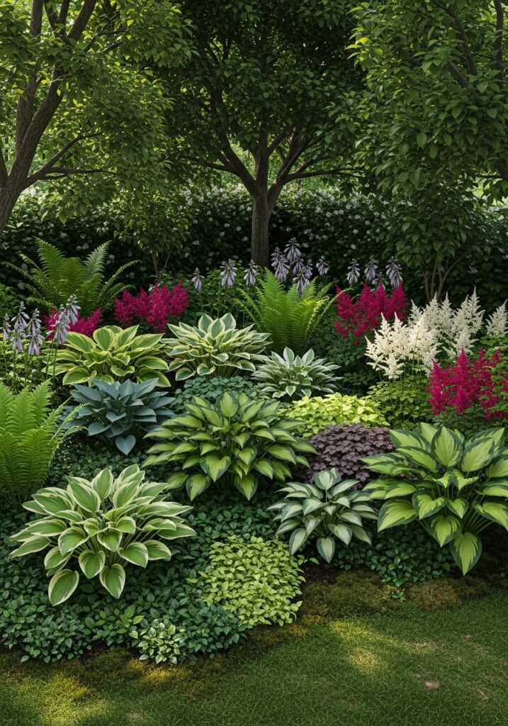 Lush shade garden design with hostas, ferns, and flowering astilbe under trees