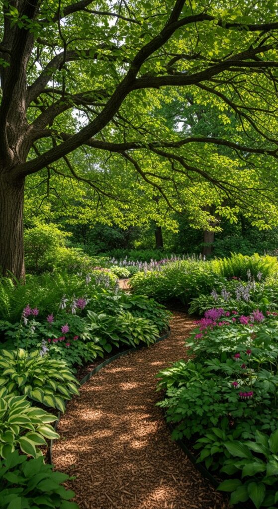 Lush shade garden under tree canopy featuring hostas, ferns, and shade-loving perennials