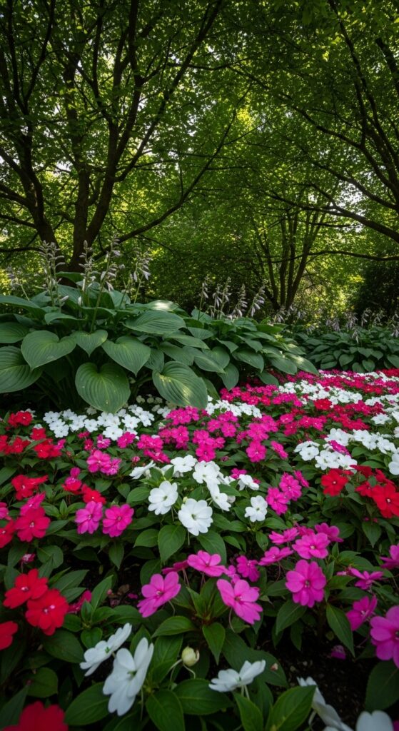 Pink and white impatiens blooming under tree canopy with hostas in shade garden