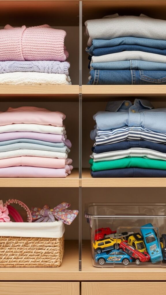 Vertical shelf divider separating folded clothes sections for two siblings in shared bedroom closet