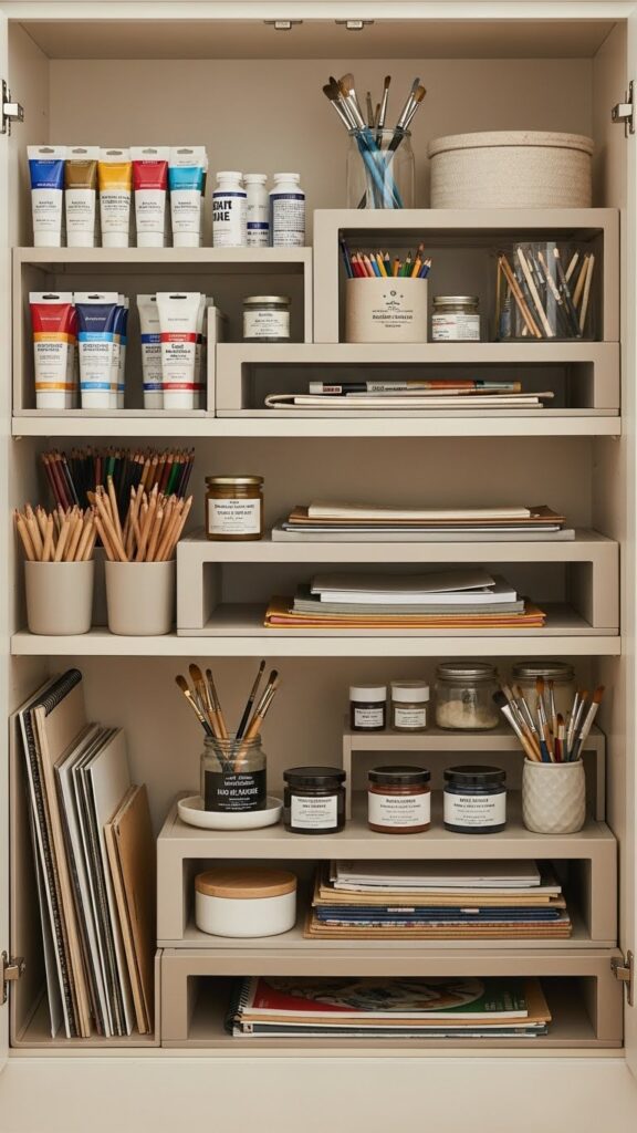 Shelf risers maximizing space for kids art supplies
