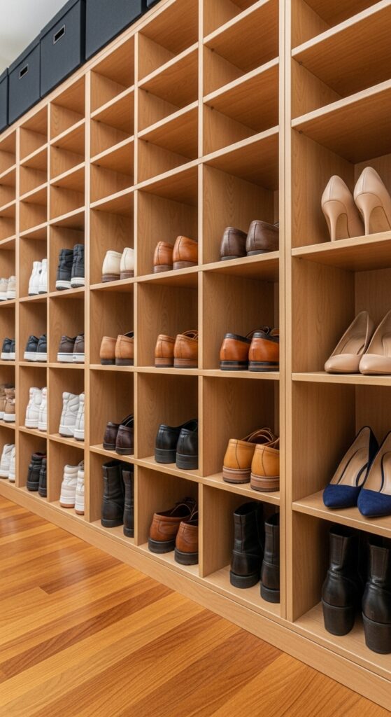 Shoe cubby system displaying footwear like retail store in closet