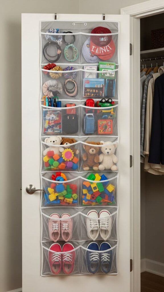 Hanging shoe organizer in apartment closet storing shoes, toys, and accessories in creative multi-purpose organization