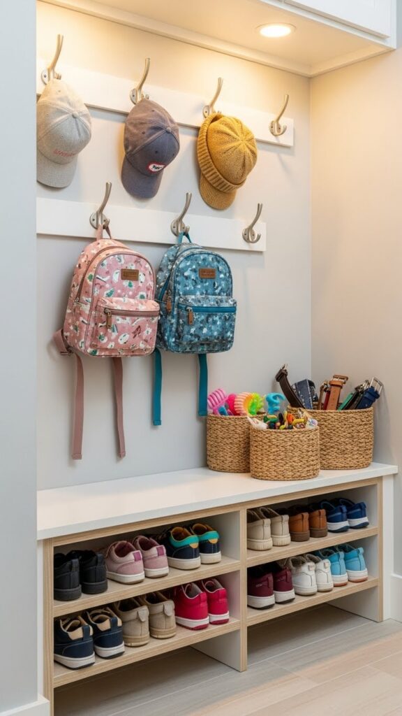 Kids shoes and accessories organized in command center with low rack and wall hooks