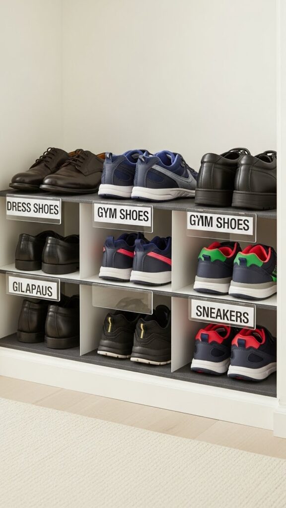 Dedicated shoe storage rack organizing school shoes for easy access