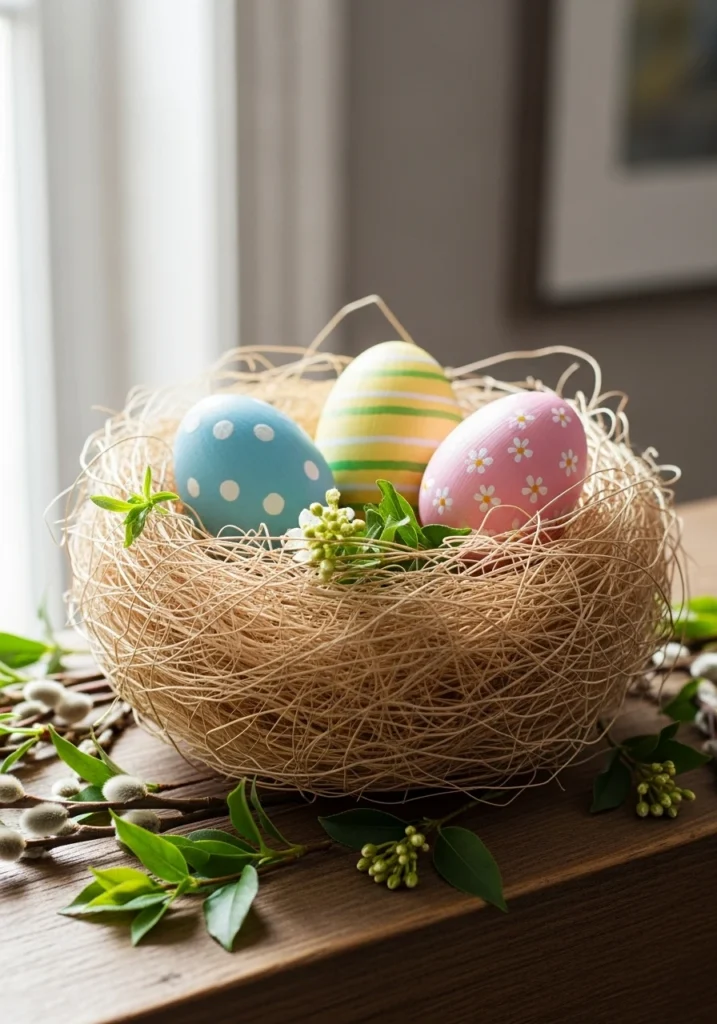 Nest made from shredded paper with painted eggs on spring mantel