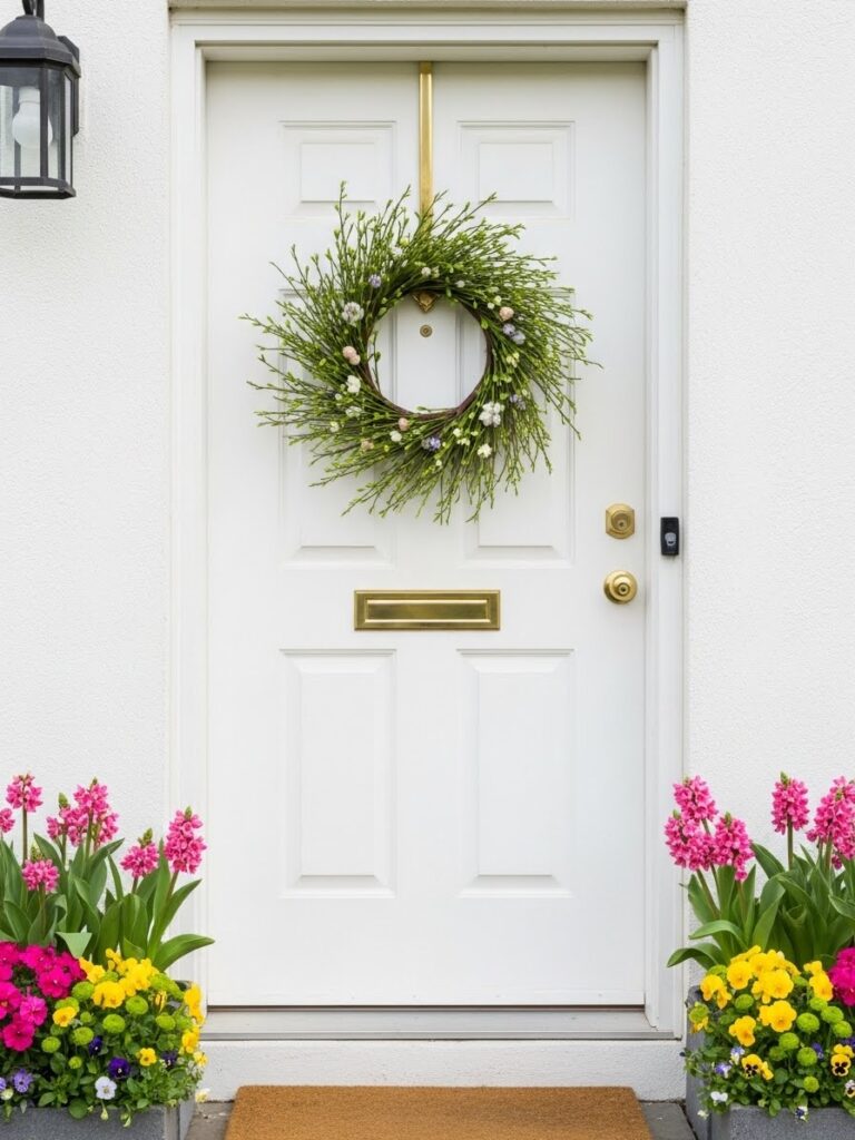 Simple DIY spring wreath on a clean front door with colorful side floral decor
