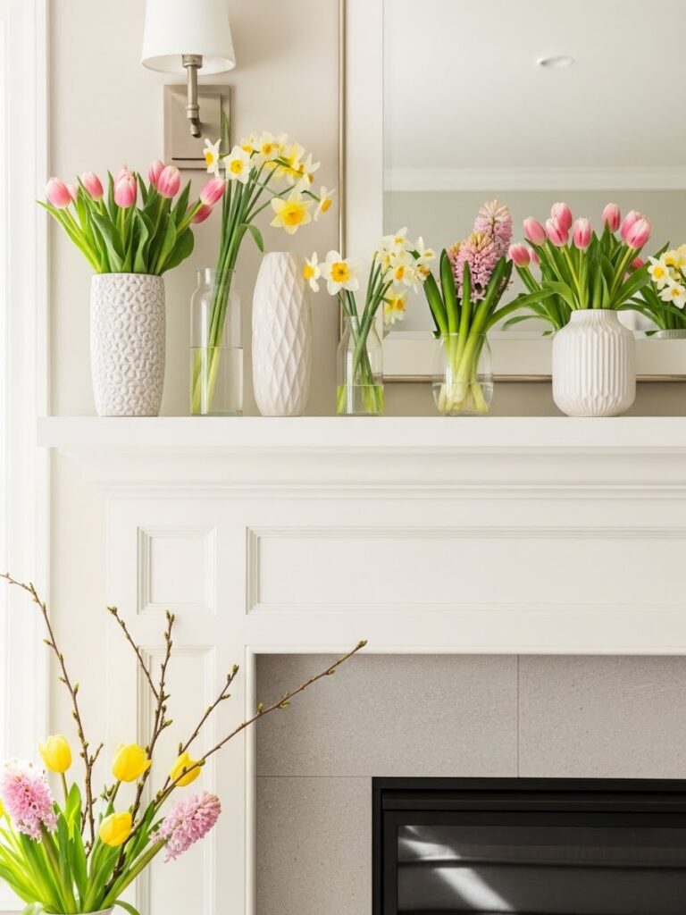 Simple floral arrangements styled on a spring fireplace mantel