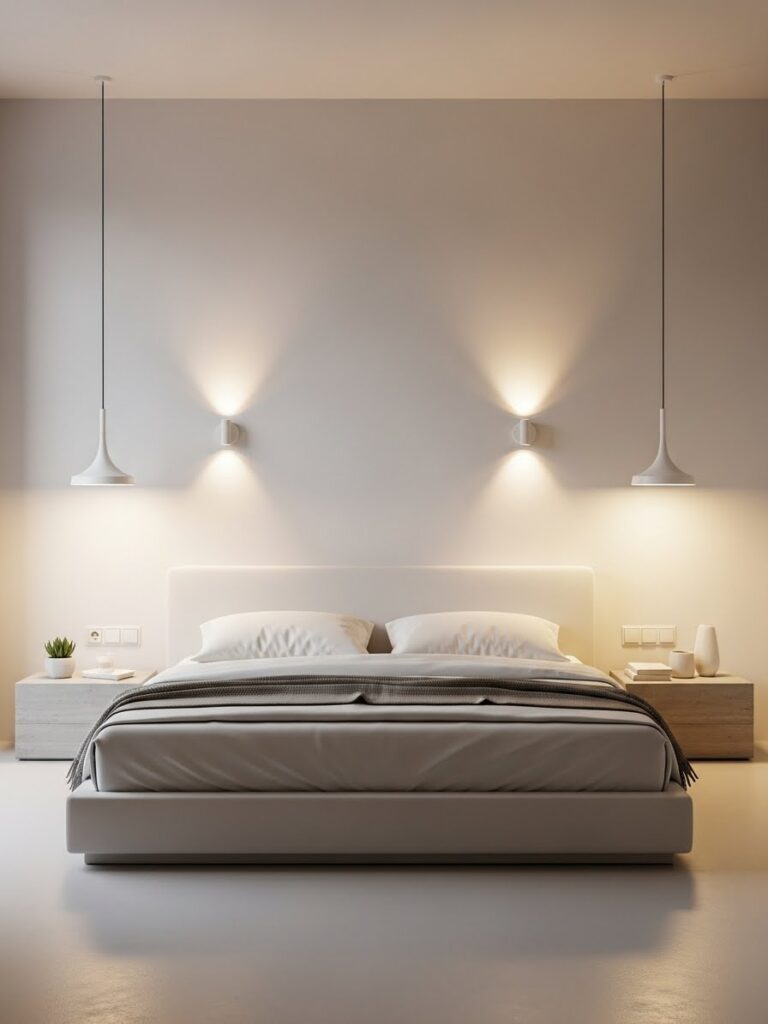 White minimalist bedroom with simple lighting and warm glow