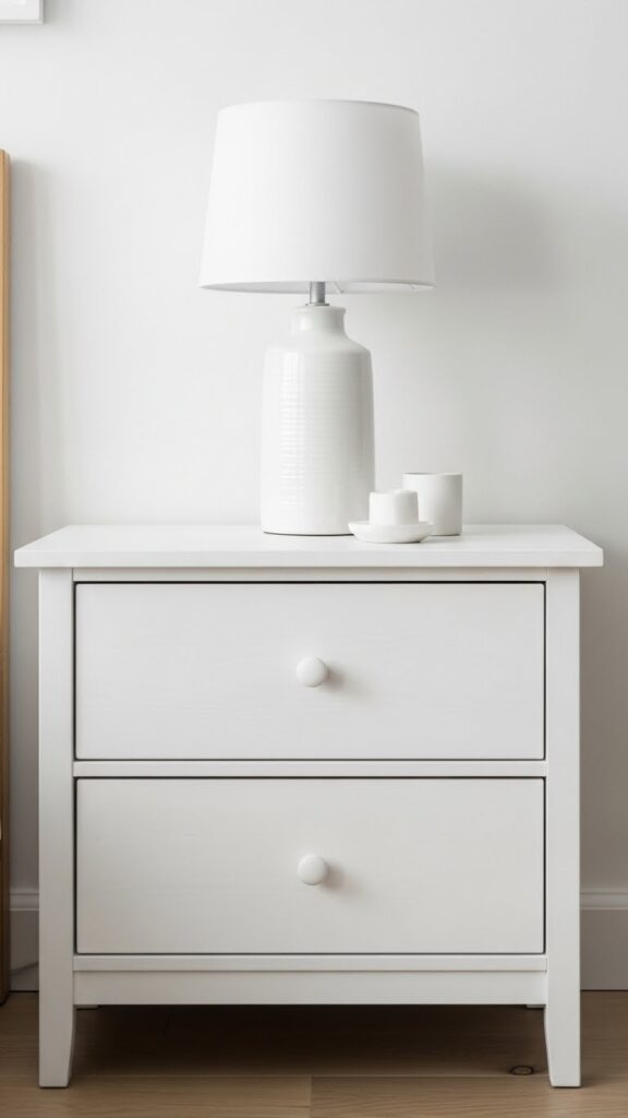 Clean white wooden nightstand with drawers styled minimally with lamp creating calm bedside area