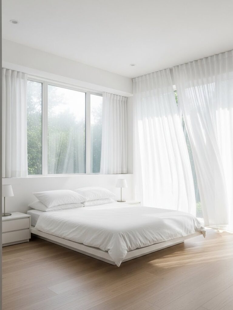 Modern white bedroom with simple window treatments and natural light