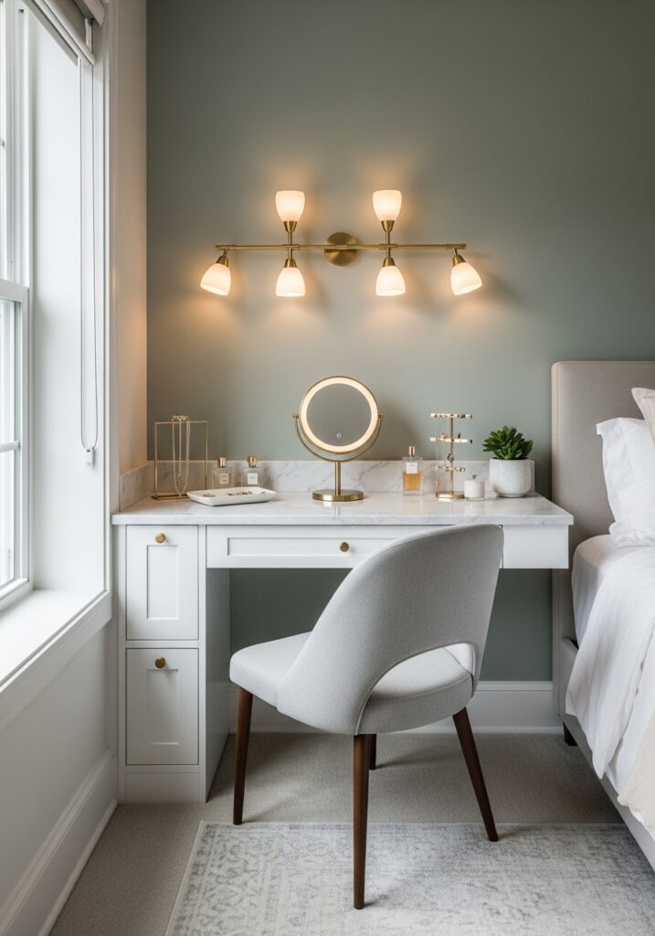 Dedicated sit-down makeup vanity area with upholstered chair and task lighting