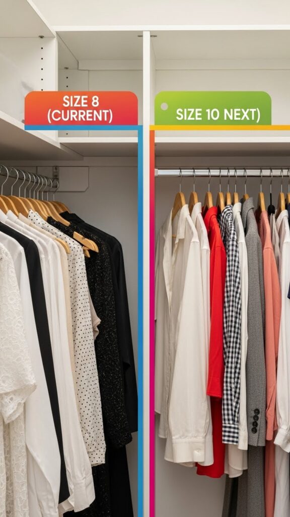 Size-labeled transition zones in kids closet organizing current and upcoming clothing sizes