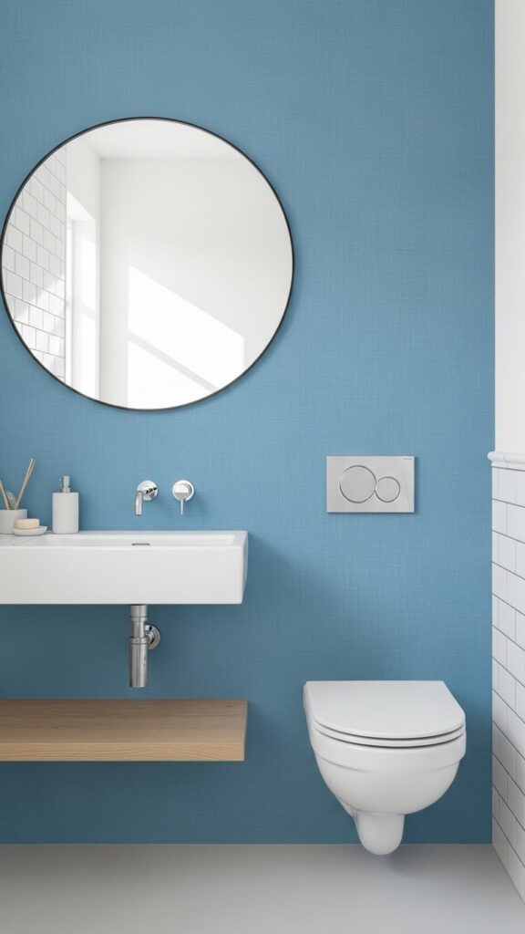 Sky blue minimalist textured wallpaper in modern bathroom