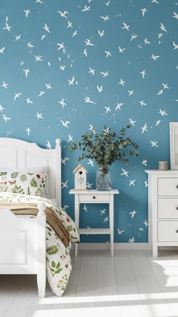 Sky blue wallpaper with white bird silhouettes in nature-inspired bedroom
