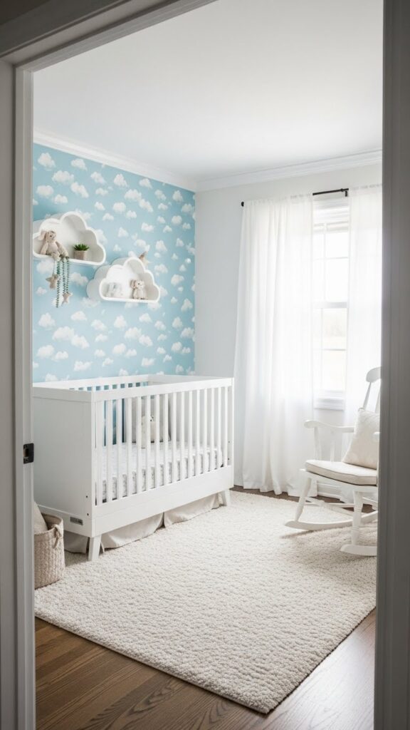 Sky blue cloud pattern wallpaper accent wall in peaceful nursery full view