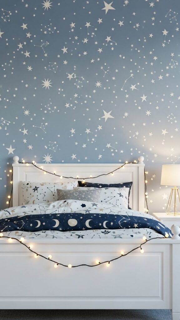 Sky blue wallpaper with white star pattern in sophisticated celestial bedroom