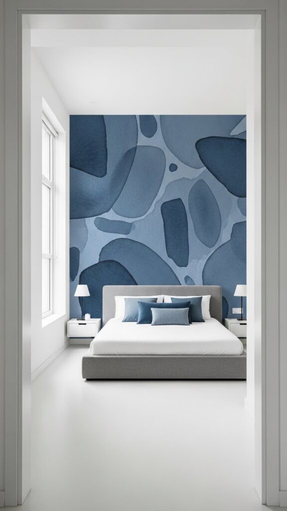 Slate blue abstract watercolor accent wall in contemporary bedroom full view