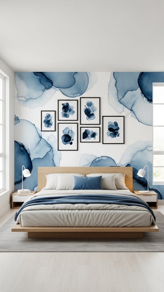 Slate blue abstract watercolor wallpaper with organic brushstrokes in modern bedroom