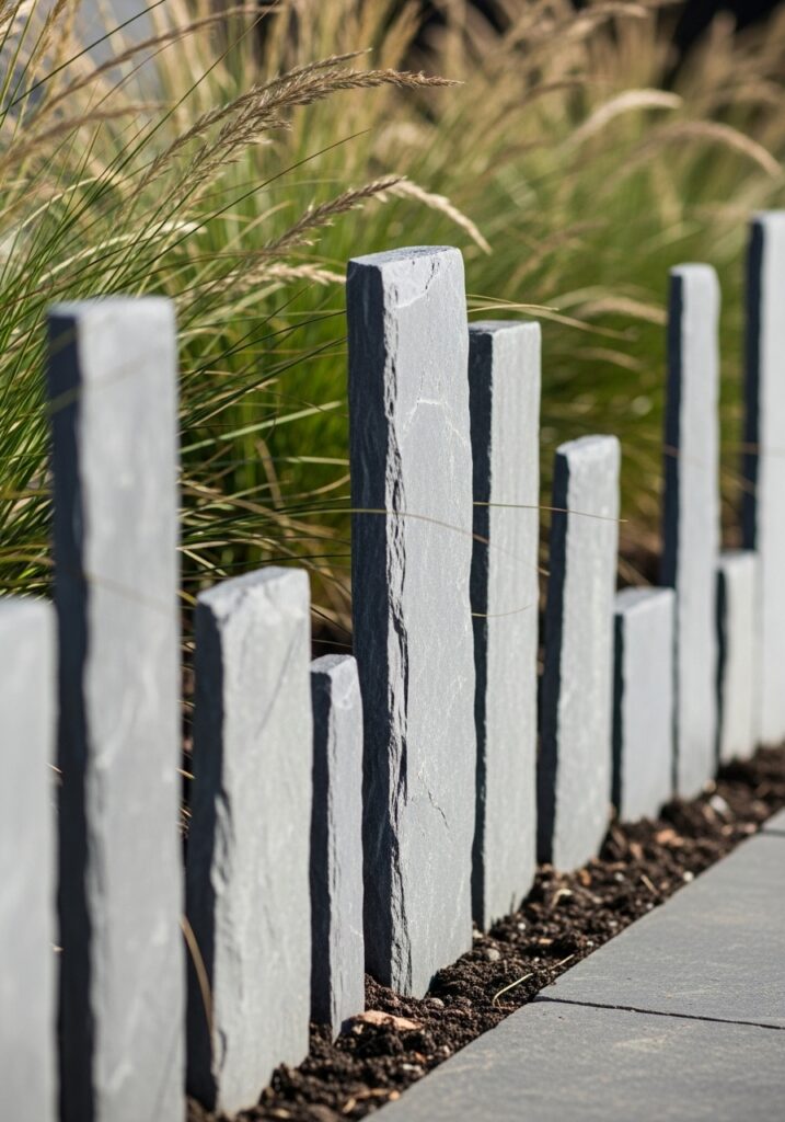 Vertical slate stones creating modern minimalist garden border edge