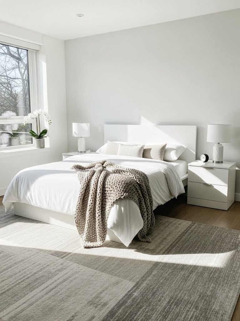Modern white bedroom with sleek nightstands and hidden storage