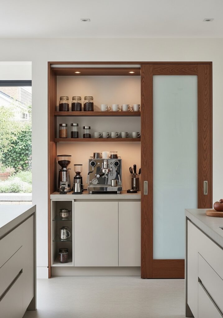 Modern sliding door cabinet with frosted glass revealing hidden coffee bar station