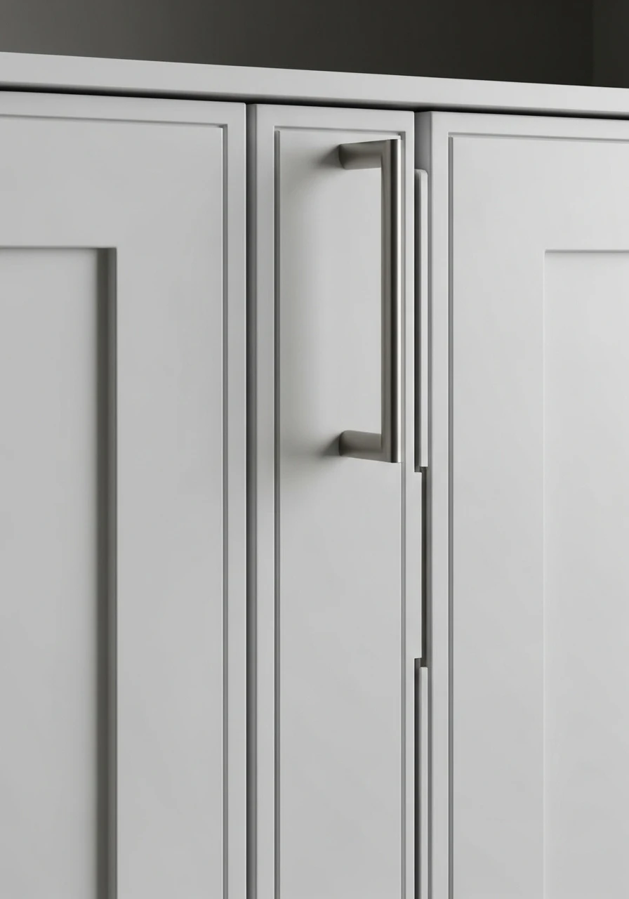 Close-up of slim profile shaker kitchen cabinet doors in white