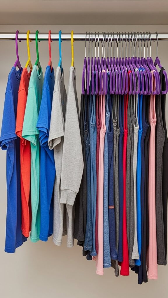 Slim velvet hangers in apartment kids closet fitting double the clothes compared to regular hangers