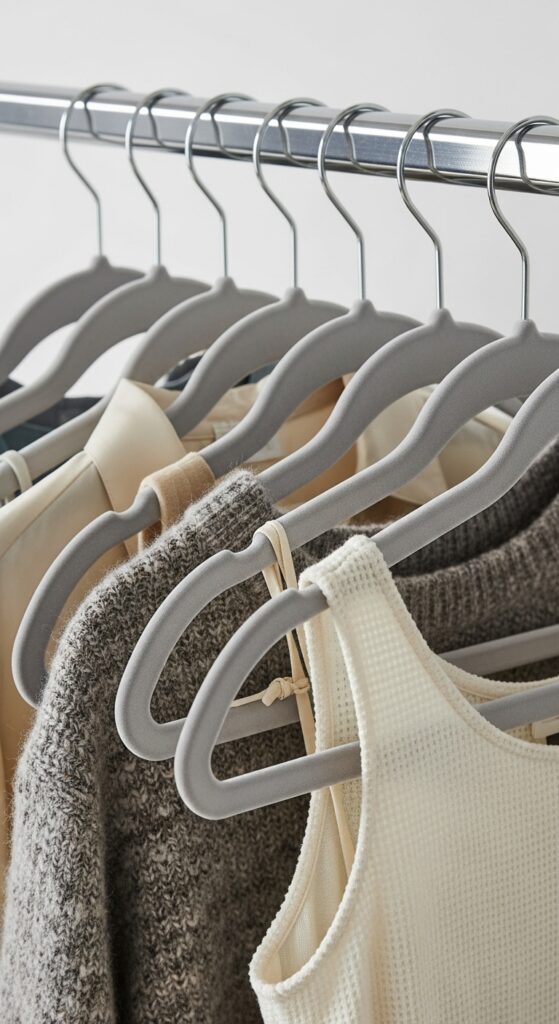 Slim velvet hangers saving closet space with non-slip texture