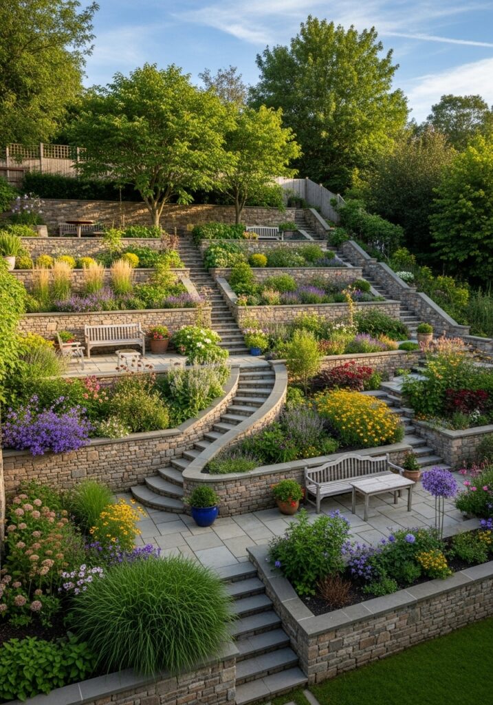 Terraced garden design with stone retaining walls creating level beds on slope