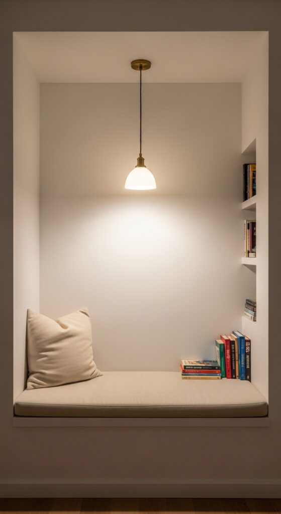 Small alcove reading nook with built-in bench and pendant light hanging from ceiling