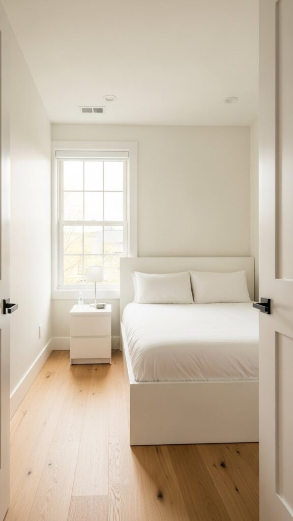 Small bedroom with walls, ceiling, and trim painted matching white creating seamless flow and spacious feeling