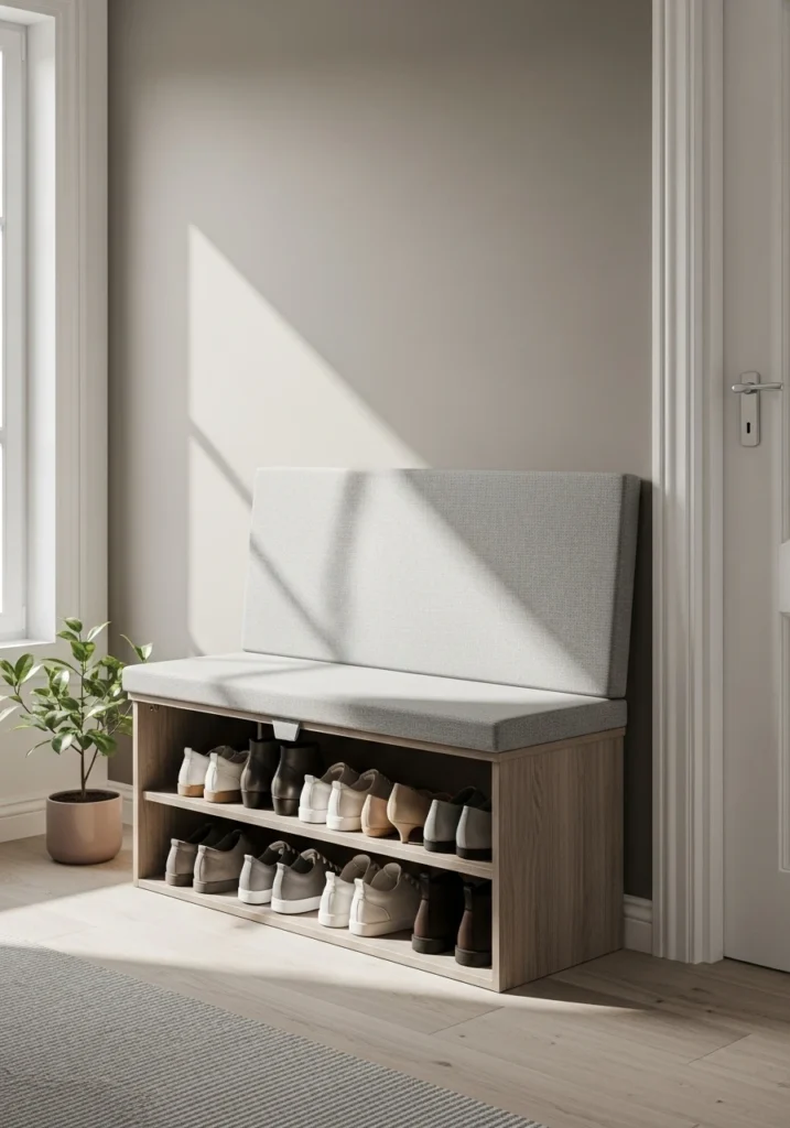 Small entryway bench with hidden storage compartment