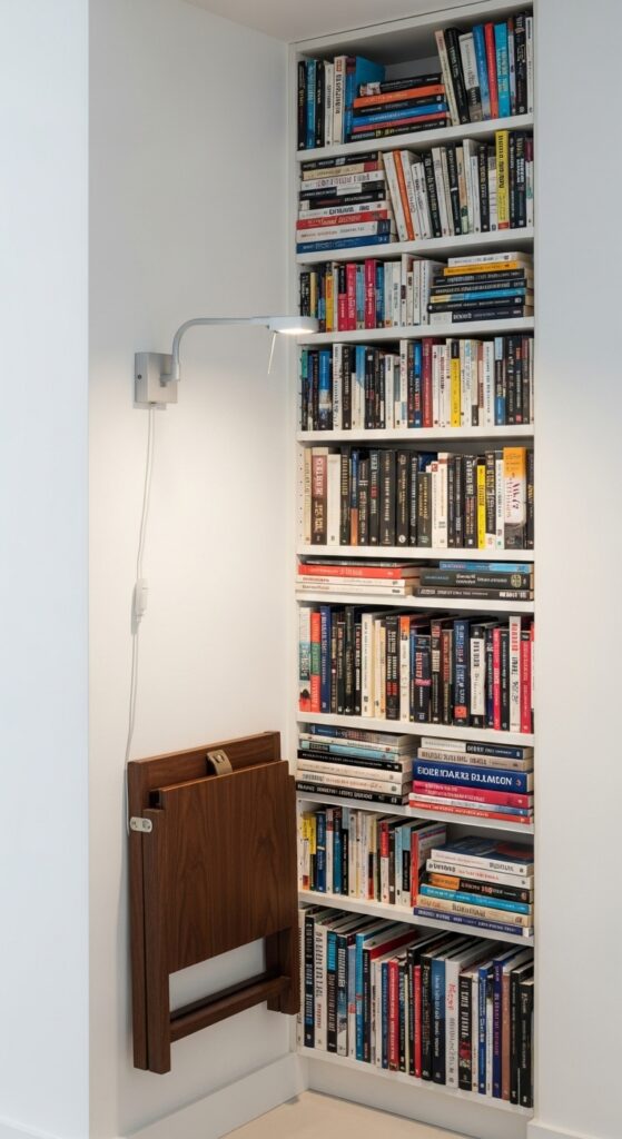 Vertical book nook solution for small spaces with tall narrow bookshelf and foldable seating