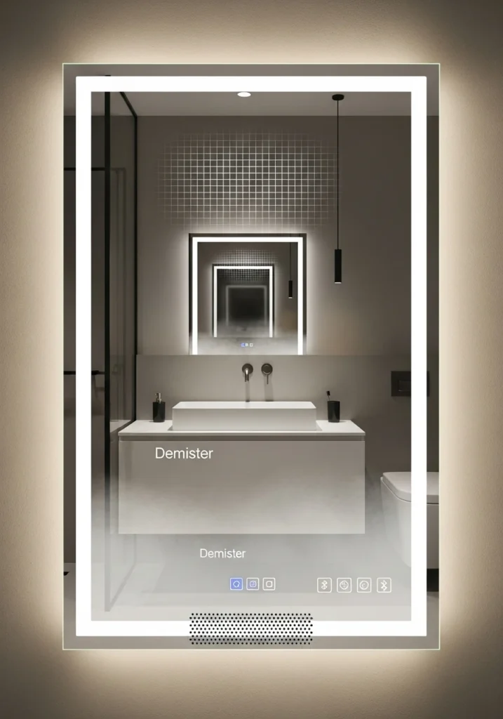 Smart bathroom mirror with integrated LED lighting and touch controls
