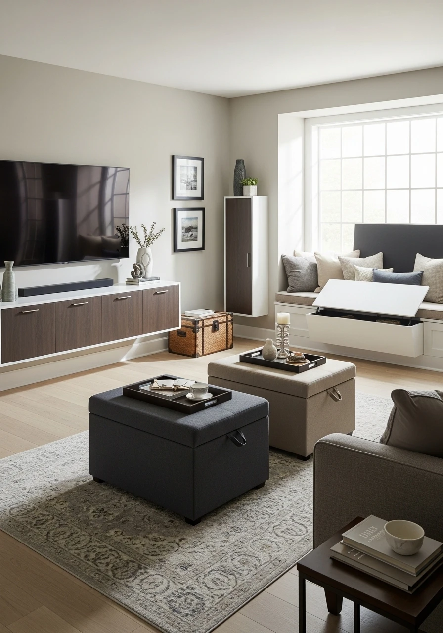 Living room with hidden storage in ottomans and built-in furniture