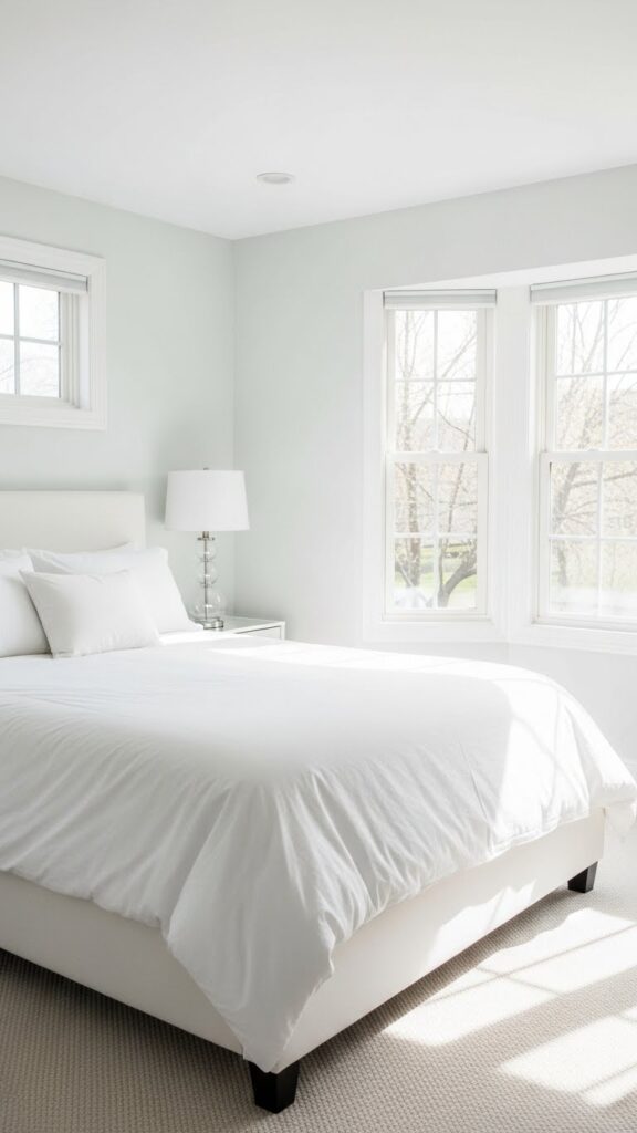 Bright bedroom with Snowbound white paint showing cool blue undertones maintaining fresh crisp feeling