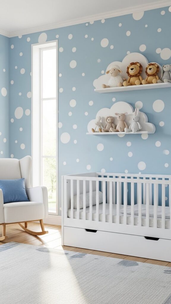 Soft baby blue polka dot wallpaper in peaceful nursery bedroom