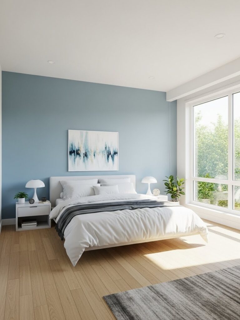 Soft blue and white modern bedroom color palette with a bright full room view