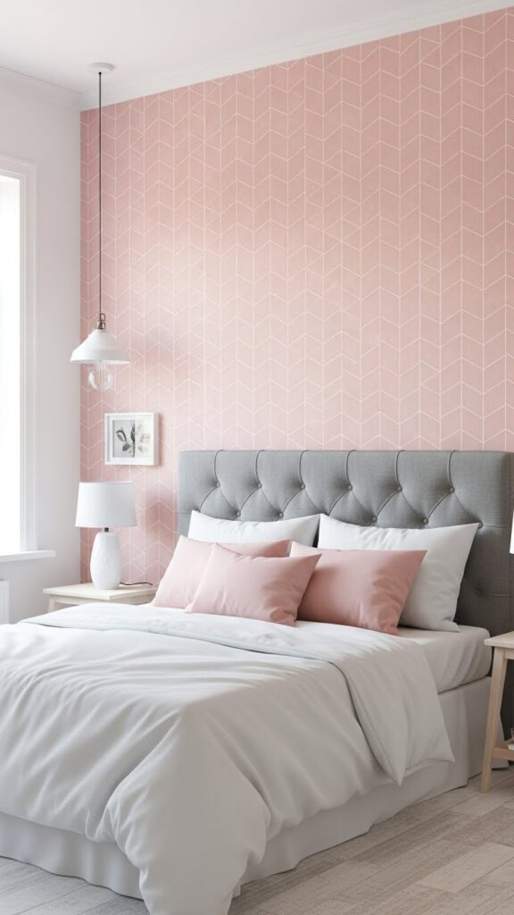 Soft blush pink geometric hexagon wallpaper accent wall in Scandinavian bedroom