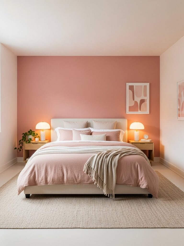 Soft blush and off-white aesthetic bedroom color palette with a modern full room view