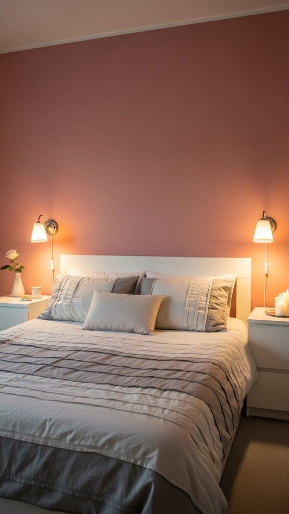 Soft blush pink accent wall behind bed in romantic bedroom