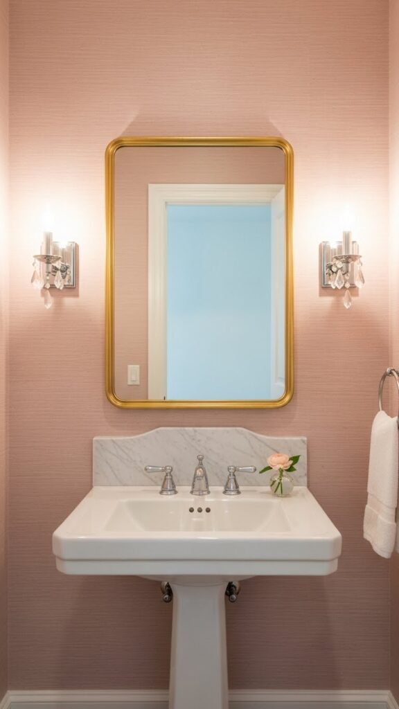 Soft blush pink grasscloth wallpaper in elegant powder room bathroom