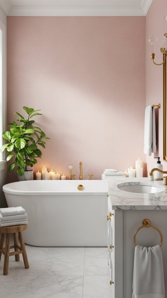 Soft blush pink textured wallpaper in spa-like master bathroom