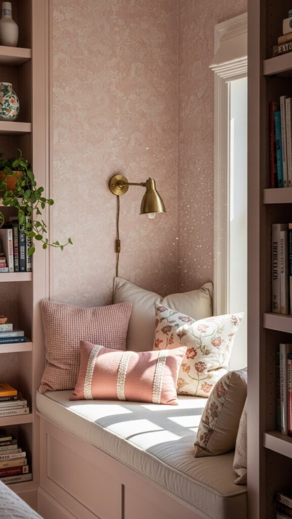 Soft blush pink wallpaper in cozy bedroom corner window nook