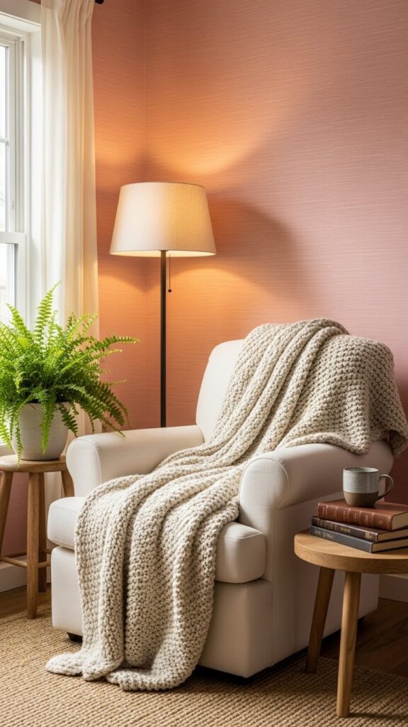 Soft blush pink grasscloth wallpaper in cozy reading nook corner