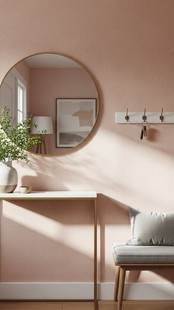 Soft blush pink wallpaper in inviting entryway with console table