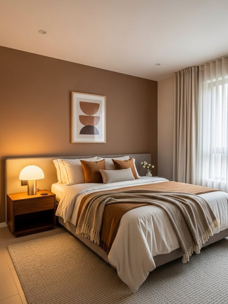 Soft brown and cream bedroom palette creating a cozy neutral atmosphere