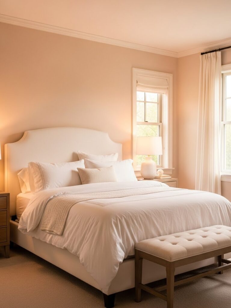 Bedroom with Soft Chamois paint showing gentle peachy-beige warmth creating glowing nurturing atmosphere